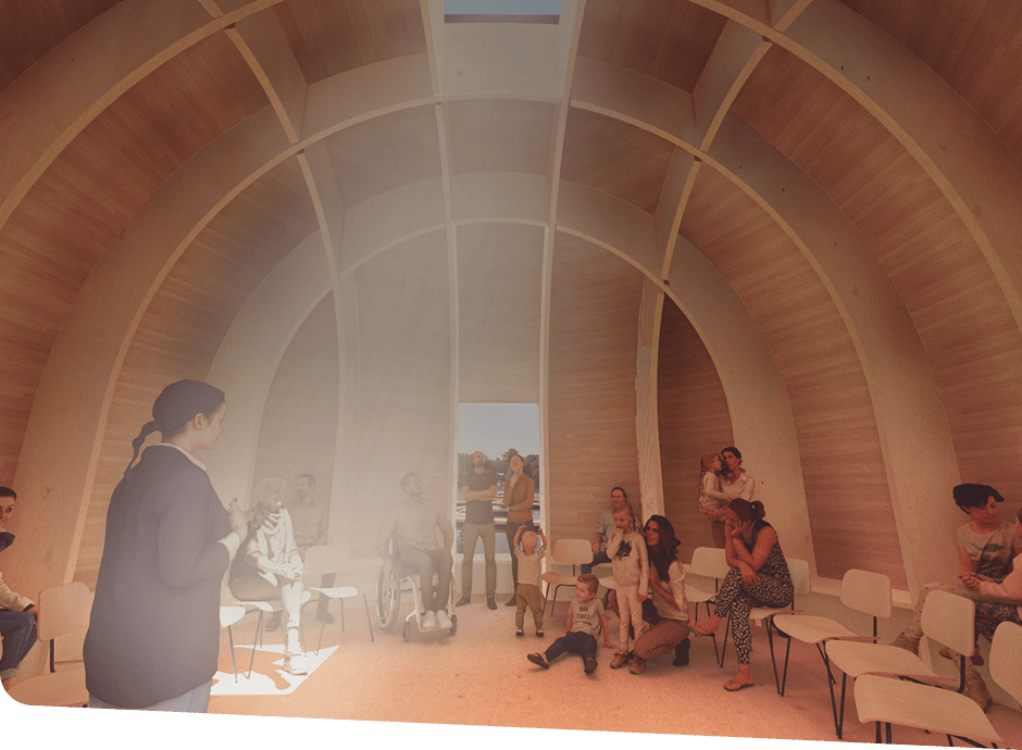 People sit and stand in a round room with curved wooden walls, a skylight and a window looking over a lake.