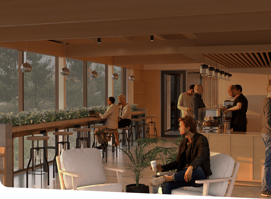 Customers purchase food in a café and sit by large glass windows looking out at trees.