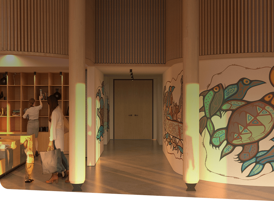 Subtract A woman and toddler stand in a giftshop. A staffperson places items on wooden shelves. A hallway featuring a Woodlands style mural on a curved wall, leads to two closed doors.